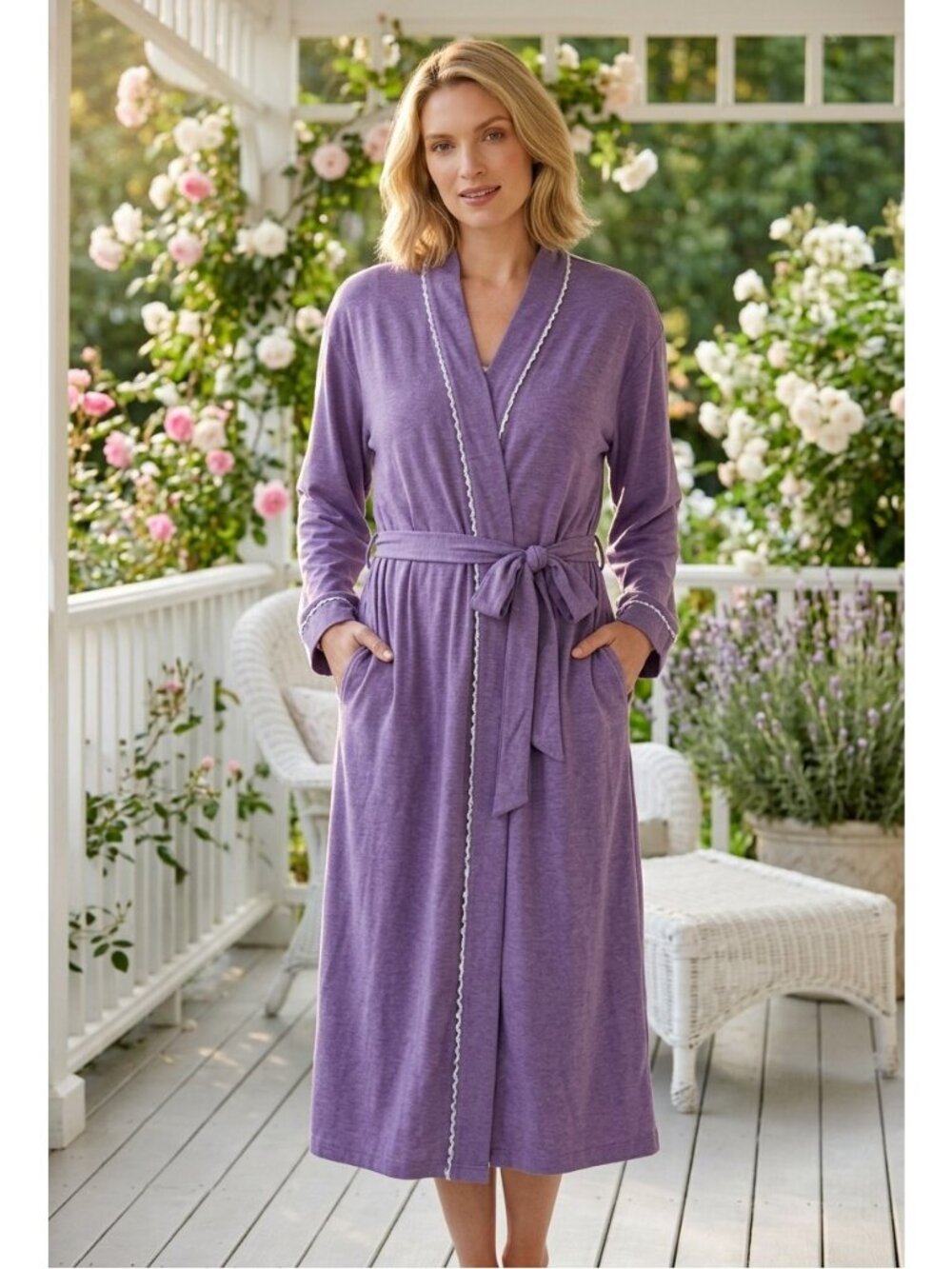 EILEEN WEST COTTON PURPLE LONG SLEEVE BELTED POCKETS ROBE - Picture 1 of 10